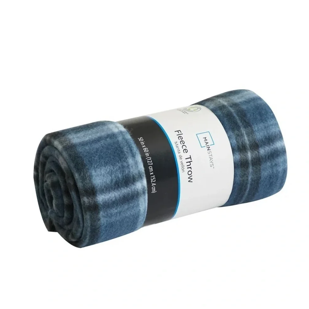 MAINSTAY FLEECE THROW PLAID BLUE BLACK & WHITE BLANKET NEW